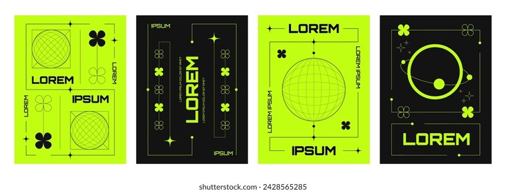 Poster design template in trendy y2k style with simple abstract grid shapes and patterns on acid neon green and black background. Vector banners set with wireframe elements in 90s and 00s aesthetic.