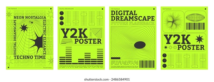 Poster design template in trendy y2k style with grid abstract acid surface on acid neon green background. Vector retro 2000s aesthetic cover banners set with wireframe psychedelic distort pattern.