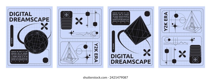 Plantilla de diseño de afiches en estética y2k con forma de geometría de cuadrícula negra y objeto sobre fondo azul. Conjunto vectorial de diseño de banners con composición de collage de la imagen vintage 3d del wireframe en el estilo de los años 2000
