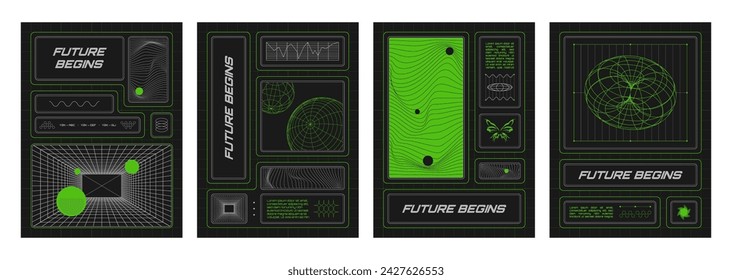 Poster design template in y2k aesthetic with abstract grid geometry shapes and elements, typography on black background. Vector set of banner layout in 2000s style with brutal wireframe figure.