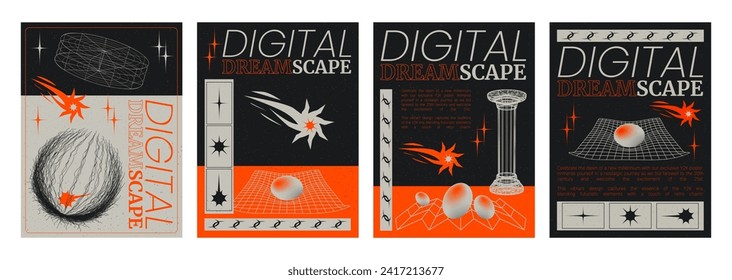 Poster design template in y2k retro style with abstract grid geometric elements and text box. Vector set of vintage 2000s aesthetic cosmic banners with star burst, wireframe column and sphere.