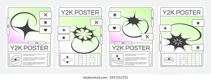Plantilla de diseño de afiches en el estilo y2k con elementos de color estrella y mellizo sencillos sobre fondo de gradiente de color de fluido suave pastel. Conjunto de diseño minimalista de banners en la estética de los años 2000 con forma de geometría.