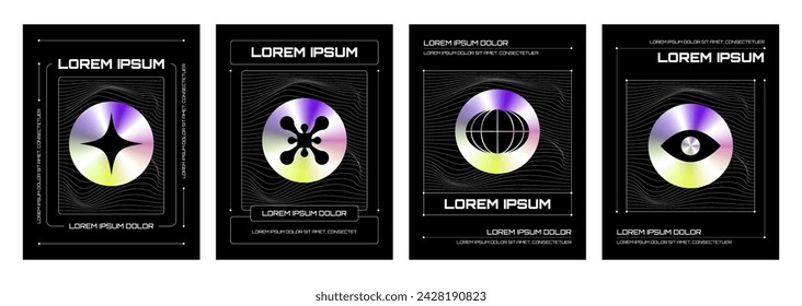 Poster design template in y2k style. Vector set of simple banner and card layout with abstract wireframe liquid pattern and abstract geometric shape sticker with hologram gradient effect element.