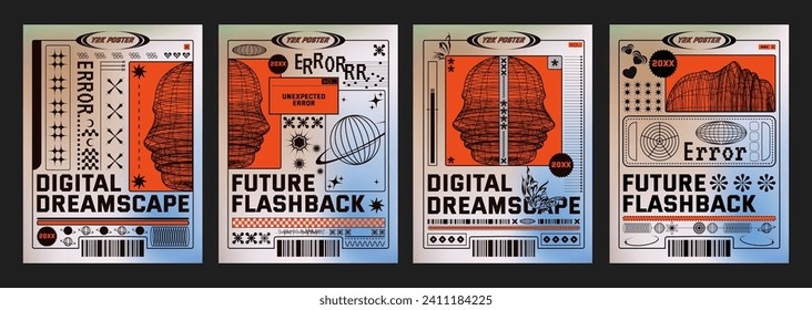 Poster design template in y2k vintage style with grid abstract human face profile, decorative shapes and text box. Vector trendy retro minimal banner composition in 2000s aesthetic with typography.