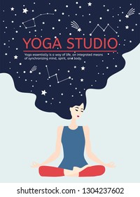 Poster design template of yoga studio. Flat illustration of women in meditation pose
