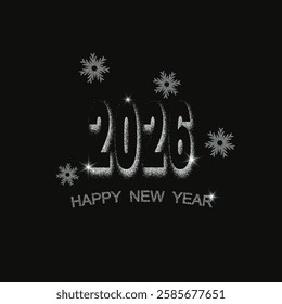 Poster design with text Happy New Year 2026 on black background with silver dust and silver snowflakes