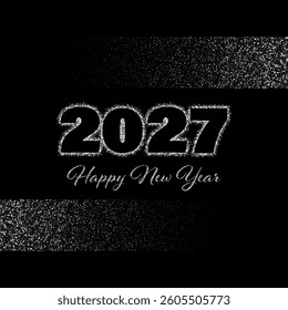 Poster design with text Happy New Year and Merry Christmas 2027 on black background with silver dust