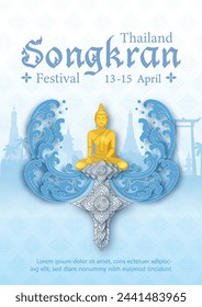 Poster design of Thailand Songkran festival in traditional Thai pattern style with golden Buddha statue, the name of event on blue Thai pattern and landscape background.