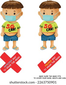 A poster design that teaches kids how to correctly wear a mask. Good hygiene. Covid-19. Prevention is better than cure.