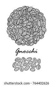 Poster design for traditional Italian pasta, Gnocchi in black outline and white plane on white background. Cute hand drawn food vector illustration.