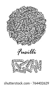 Poster design for traditional Italian pasta, Fusilli in black outline and white plane on white background. Cute hand drawn food vector illustration.