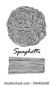 Poster design for traditional Italian pasta, Spaghetti in black outline and white plane on white background. Cute hand drawn food vector illustration.