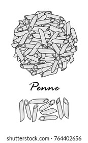 Poster design for traditional Italian pasta, Penne in black outline and white plane on white background. Cute hand drawn food vector illustration.