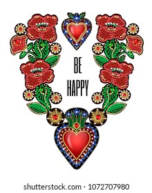 Poster or design t-shirt with traditional Mexican hearts with fire and flowers, embroidered sequins, beads and pearls. Vector patches.