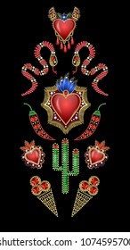 Poster or design t-shirt with traditional Mexican hearts, snake, cactus patches embroidered sequins, beads and pearls.