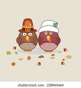 Poster design with turkey birds in pilgrim hat and maple leaves for Thanksgiving Day celebration.
