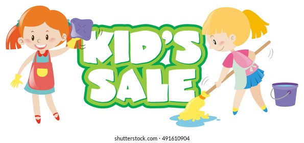 Poster design with two girls cleaning illustration