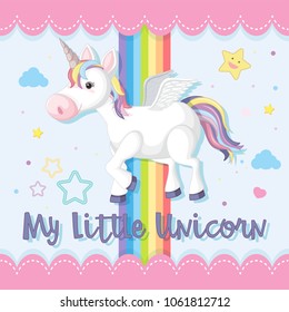 Poster design with unicorn and rainbow in sky illustration