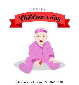 Poster design for Universal children s day illustration. Cute astonished baby girl in pink with bow and red ball. Vector illustration.