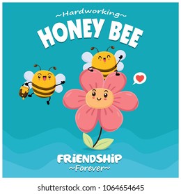 Poster design with vector honey bee & flower character.