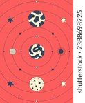 Poster design. Vector illustration with abstract patterned planets, stars, planetary orbits on red background. Groovy galactic. Cartoon space. Retro, surreal style. Notebook cover