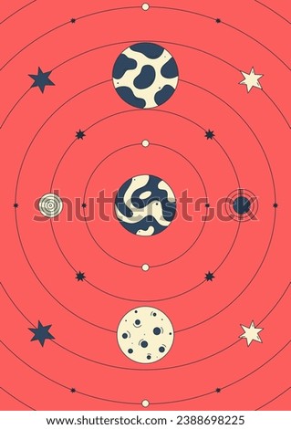 Poster design. Vector illustration with abstract patterned planets, stars, planetary orbits on red background. Groovy galactic. Cartoon space. Retro, surreal style. Notebook cover