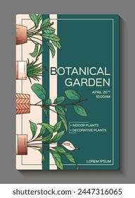 Poster design with vector illustration of houseplants. Potted ficus, peace lily plant, aglaonema, haworthia plant. Flower shop, home garden concept. 