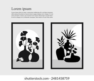 Poster design with vector illustration of houseplants. plants in frame, abstract, black and white. Great for banners, posters, stickers, professional designs.