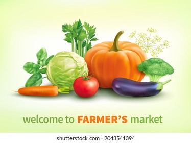 Poster design with vegetables for farmer’s market. Vector illustration.