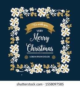 Poster design of very merry christmas, with elegant white flower frame pattern. Vector