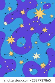Poster design. Vibrant vector illustration with abstract constellation, stars, and psychedelic blue background. Groovy starry sky. Cartoon space. Playful, surreal, and colorful style. Notebook cover