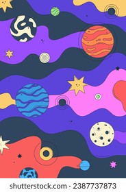 Diseño de afiches. Vibrante ilustración vectorial con planetas con patrones abstractos, estrellas y fondo psicodélico. Groovy galáctico. Espacio para dibujos animados. Estilo alegre, surrealista y colorido. Portada para portátiles