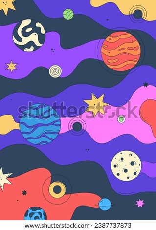 Poster design. Vibrant vector illustration with abstract patterned planets, stars, and psychedelic background. Groovy galactic. Cartoon space. Playful, surreal, and colorful style. Notebook cover