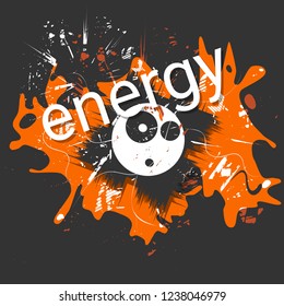 Poster design. White cartoon face and word on black background. Grunge vector illustration