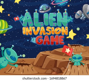 Poster design with word alien invasion game and many planets in space background illustration