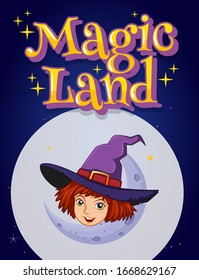 Poster design with word magic land and witch in the sky background illustration