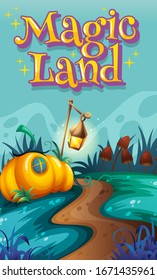Poster design with word magic land and garden in background illustration