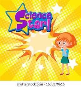 Poster design with word science star with happy girl and yellow background illustration