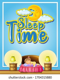 Diseño de afiches con tiempo de sueño y chica durmiendo en la ilustración del dormitorio