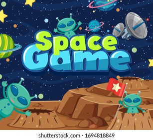 Poster design with word space game and aliens in the space illustration