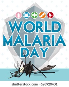 Poster with design for World Malaria Day with fumigation smoke and other icons promoting prevention, control and treatment of this disease.