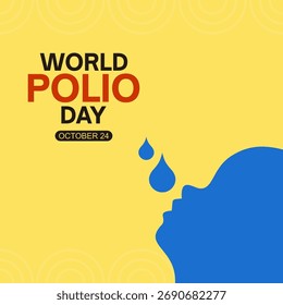 Diseño de póster para el Día Mundial de la Poliomielitis celebrado el 24 de octubre, con la silueta azul de un niño que recibe la vacuna contra la poliomielitis sobre un fondo amarillo brillante.
