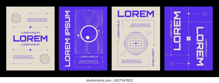 Poster design in y2k style - vector collection of banner in 90s and 00s aesthetic with abstract simple geometric wireframe shapes and patterns. Purple cover with grid elements and typography.