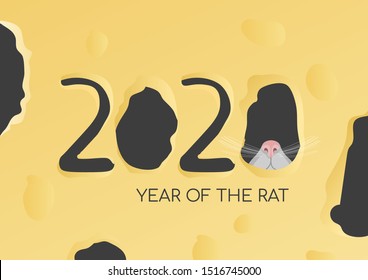 Poster design for Year of the rat with cheese and mouse. Happy New year 2020. Vector illustration for banner, poster, card, postcard, calendar, cover.