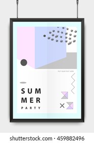 Poster design for your party or event. Black realistic frame. Geometric elements. Abstract. Vector illustration. memphis