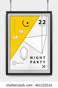 Poster design for your party or event. Black realistic frame. Geometric elements. Abstract. Vector illustration. Hipster style