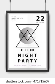 Poster design for your party or event. Black realistic frame. Geometric elements. Abstract. Vector illustration. 