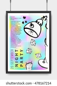 Poster design for your party or event. Black realistic frame. Doodle hand drawn elements. Abstract illustration. Holographic background. Vector illustration. Minimalism. Hipster style