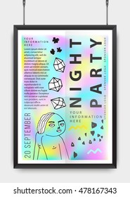 Poster design for your party or event. Black realistic frame. Doodle hand drawn elements. Abstract illustration. Holographic background. Vector illustration. Minimalism. Hipster style