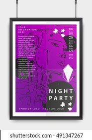 Poster design for your party or event. Black realistic frame. Human silhouette. Abstract. Vector illustration. Hipster style. Cosmos